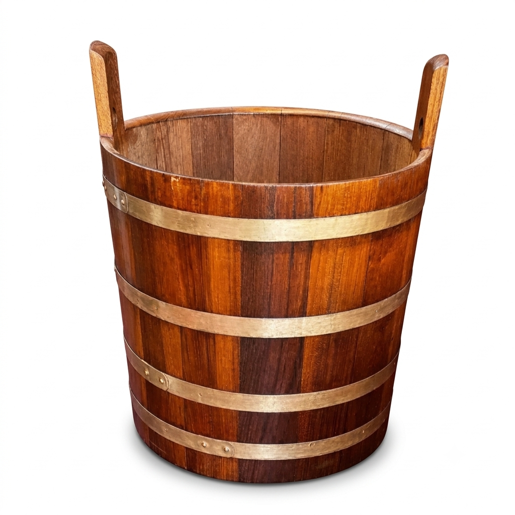 VINTAGE TEAKWOOD BUCKETS WITH BRASS BANDS