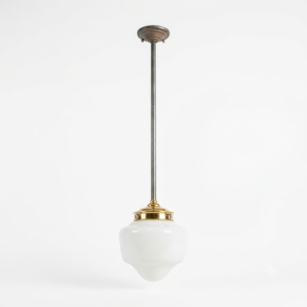 MILK GLASS SCHOOLHOUSE PENDANT LIGHT WITH BRASS FITTER AND DOWNROD