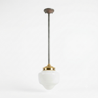 MILK GLASS SCHOOLHOUSE PENDANT LIGHT WITH BRASS FITTER AND DOWNROD