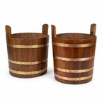 VINTAGE TEAKWOOD BUCKETS WITH BRASS BANDS