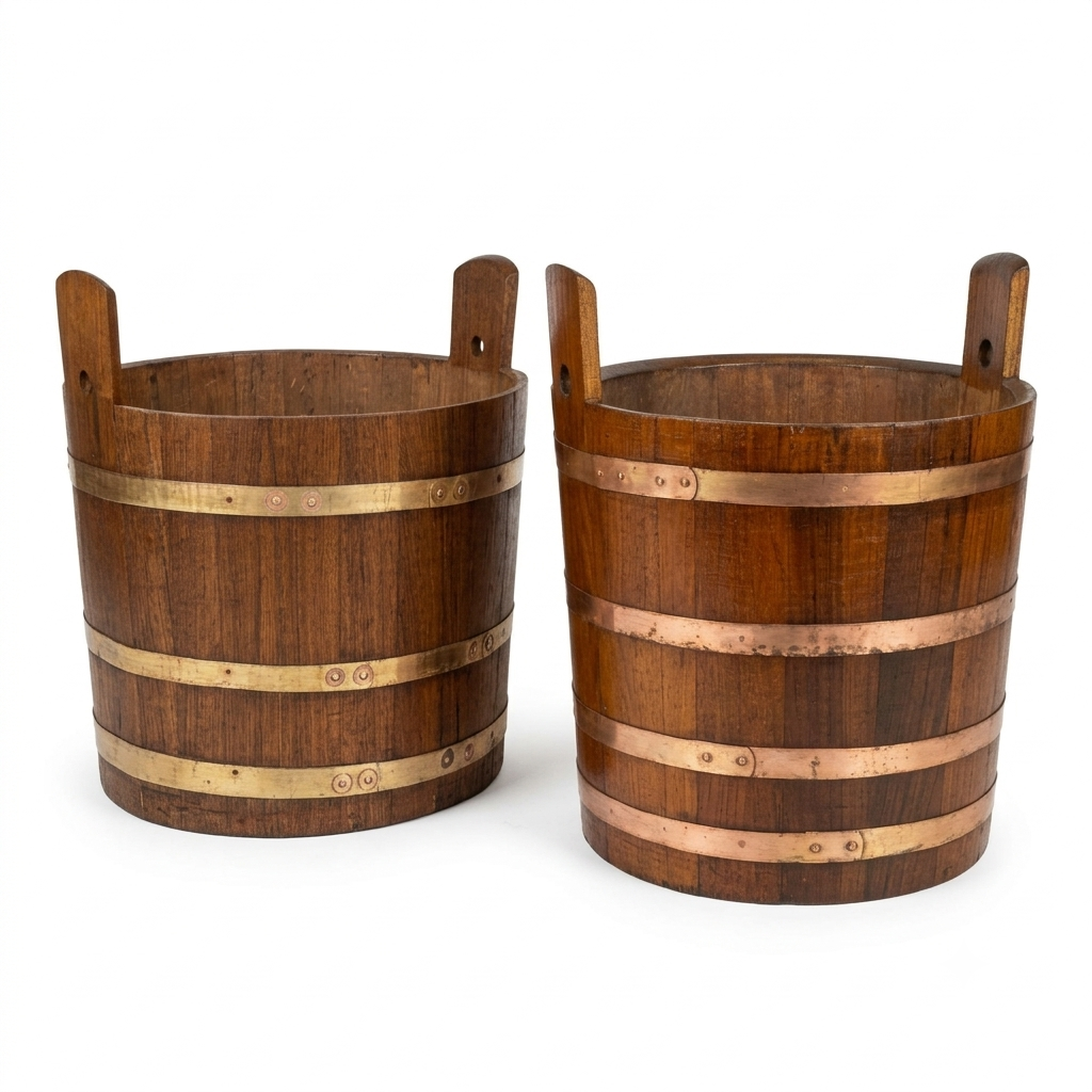 VINTAGE TEAKWOOD BUCKETS WITH BRASS BANDS