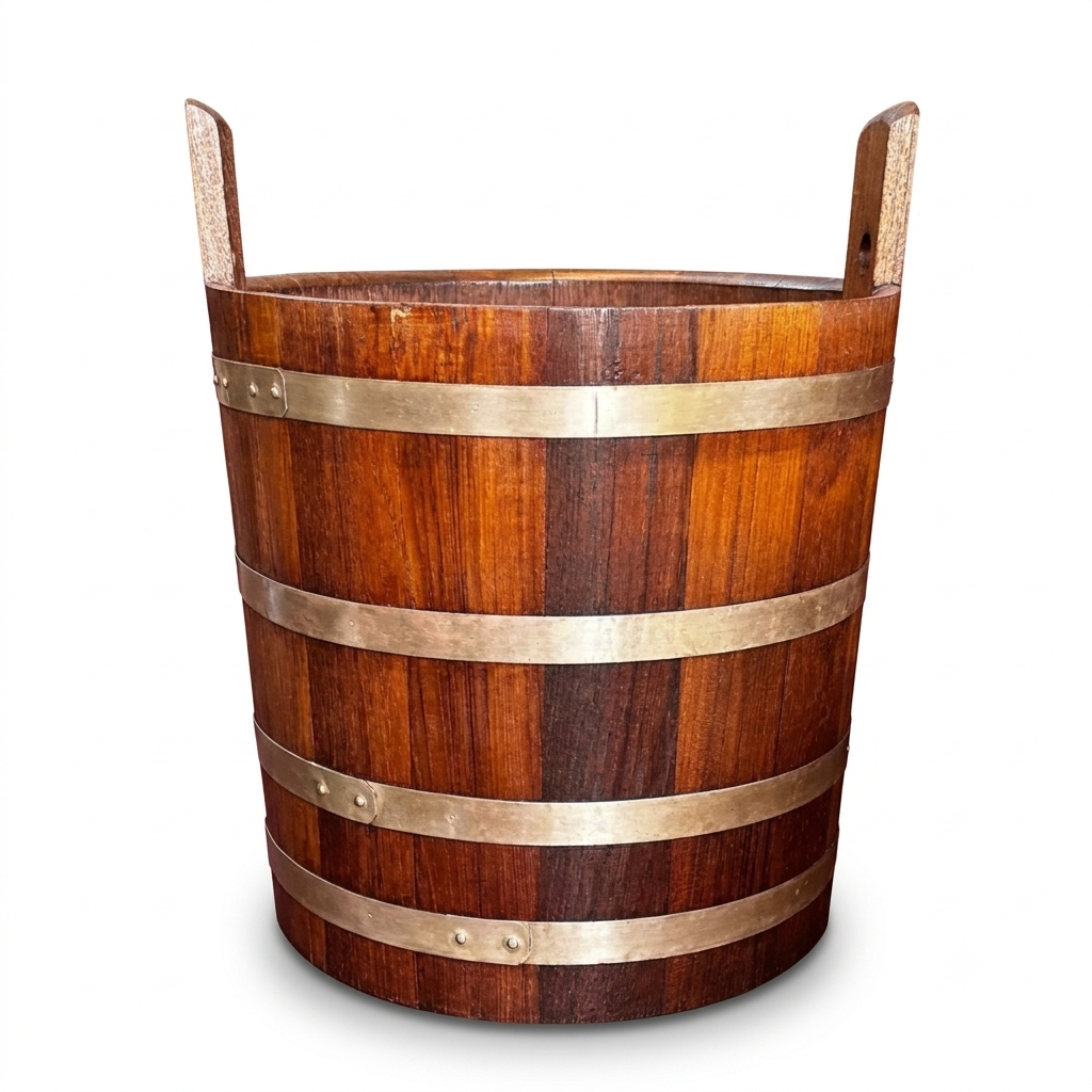 VINTAGE TEAKWOOD BUCKETS WITH BRASS BANDS