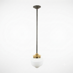 MILK GLASS SCHOOLHOUSE PENDANT LIGHT WITH BRASS FITTER AND DOWNROD