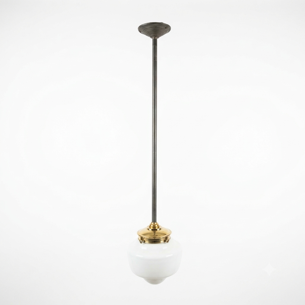 MILK GLASS SCHOOLHOUSE PENDANT LIGHT WITH BRASS FITTER AND DOWNROD