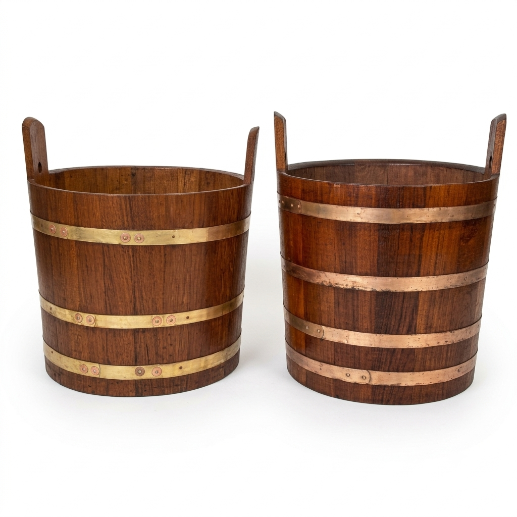 VINTAGE TEAKWOOD BUCKETS WITH BRASS BANDS
