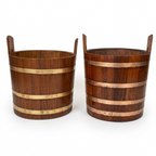 VINTAGE TEAKWOOD BUCKETS WITH BRASS BANDS