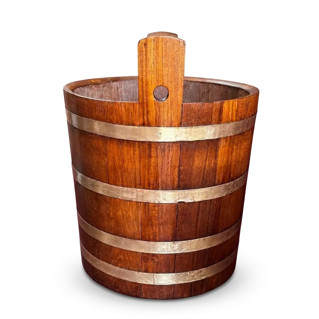 VINTAGE TEAKWOOD BUCKETS WITH BRASS BANDS