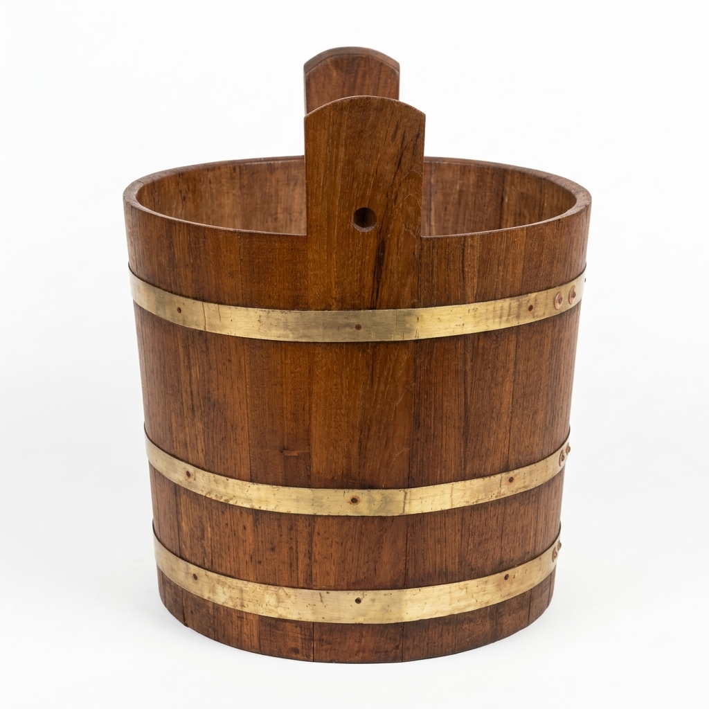 VINTAGE TEAKWOOD BUCKETS WITH BRASS BANDS