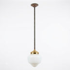 MILK GLASS SCHOOLHOUSE PENDANT LIGHT WITH BRASS FITTER AND DOWNROD