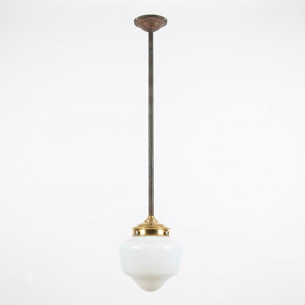 MILK GLASS SCHOOLHOUSE PENDANT LIGHT WITH BRASS FITTER AND DOWNROD