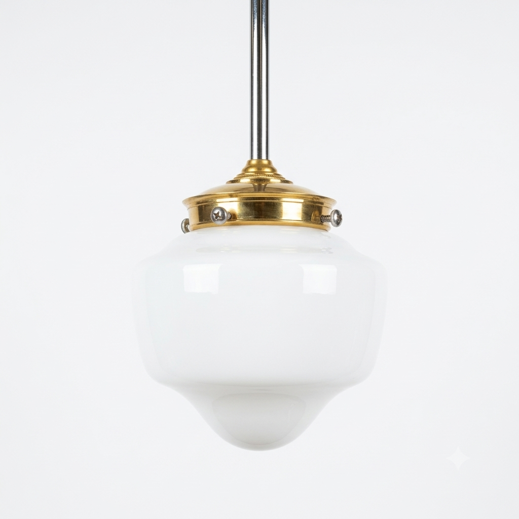 MILK GLASS SCHOOLHOUSE PENDANT LIGHT WITH BRASS FITTER AND DOWNROD