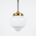 MILK GLASS SCHOOLHOUSE PENDANT LIGHT WITH BRASS FITTER AND DOWNROD