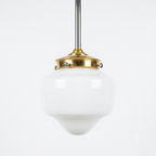 MILK GLASS SCHOOLHOUSE PENDANT LIGHT WITH BRASS FITTER AND DOWNROD
