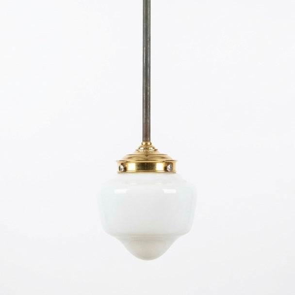 MILK GLASS SCHOOLHOUSE PENDANT LIGHT WITH BRASS FITTER AND DOWNROD