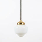 MILK GLASS SCHOOLHOUSE PENDANT LIGHT WITH BRASS FITTER AND DOWNROD